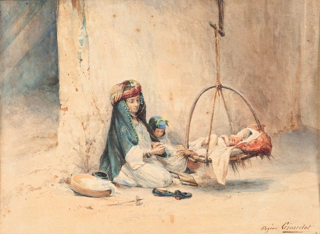 Femme des Ouled Naïls et enfants - Eugène Girardet (Français - 1853-1907) - Aquarelle - 29 x 36 cm