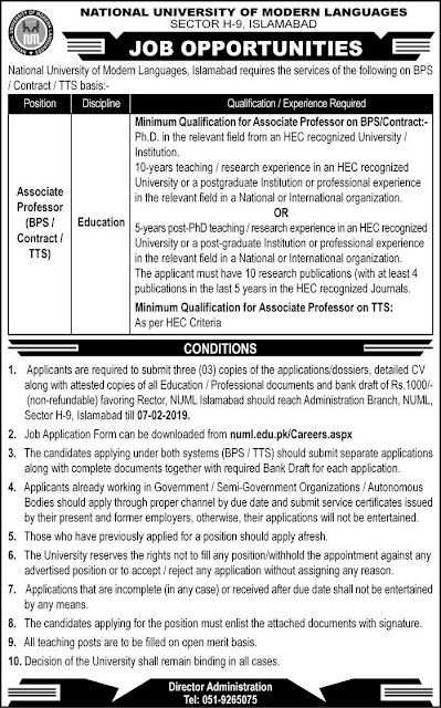 NUML (Islamabad) Jobs 2019 for Teaching Faculty