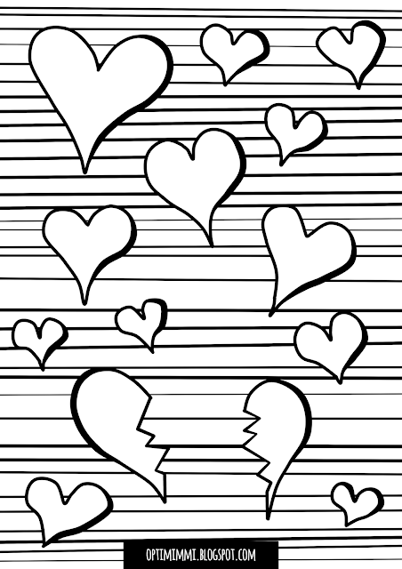 A coloring page of hearts, for Inktober 2018: breakable / Värityskuva sydämistä Inktober 2018 -haastetta varten: särkyvä