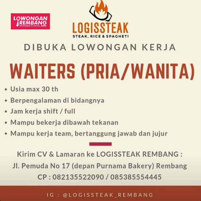 Lowongan Kerja Pegawai Waiters Logissteak Rembang Tanpa Syarat Ijazah