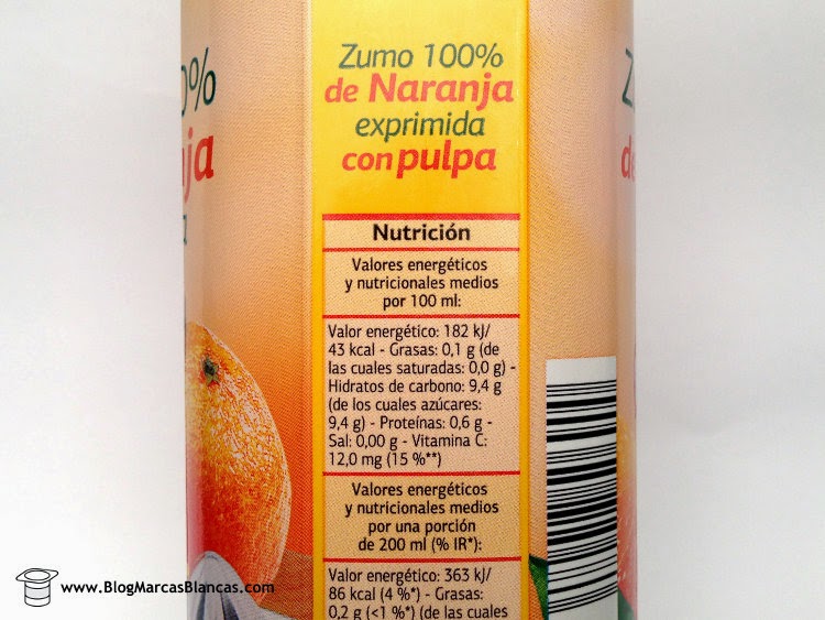 Valores nutricionales del zumo 100% de naranja exprimida con pulpa DIA.