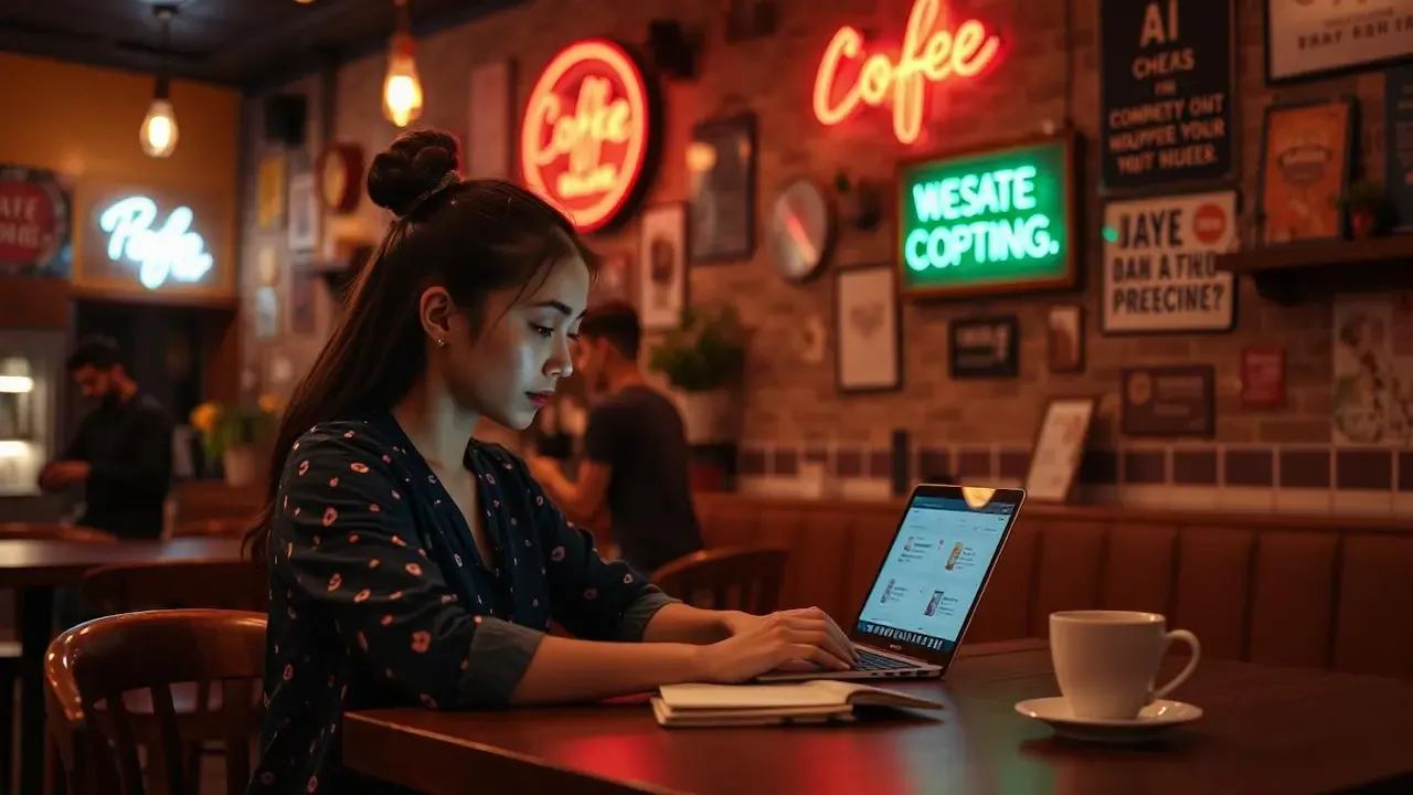 Seorang wanita Indonesia sedang menggunakan laptop di kedai kopi malam hari, membuat copywriting dengan bantuan AI untuk bisnis.