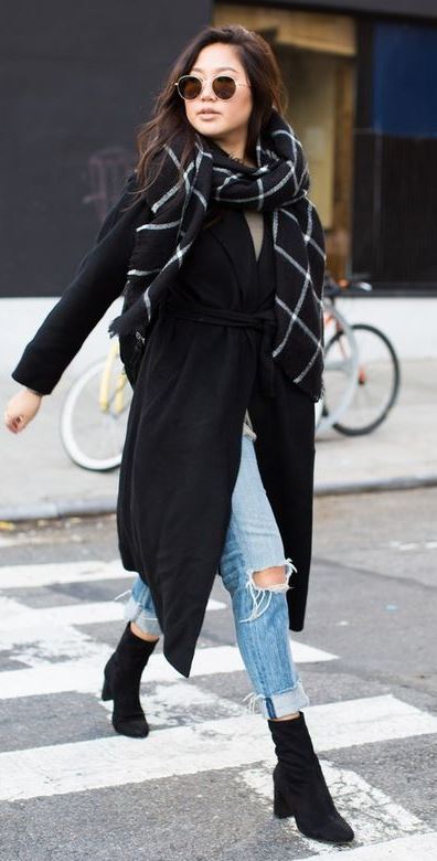 faswhionable outfit _ black coat + plaid scarf + boota + ripped jeans