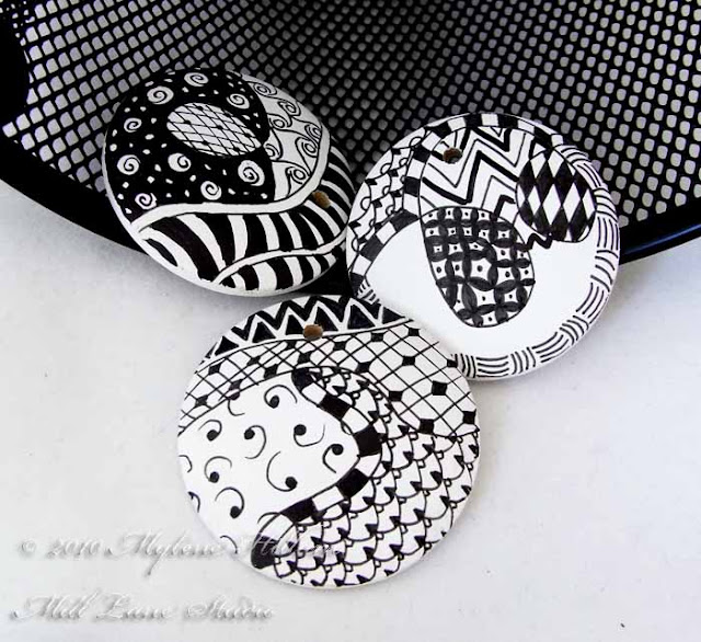 Three black and white Zentangle wooden pendants