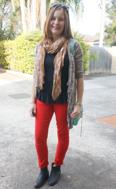 neutral layers with red skinny jeans and ankle boots | Away From Blue Blogger