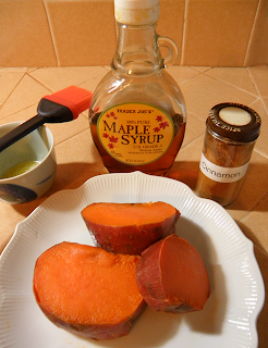 Baked Yams on Plate with Maple Syrup, Butter, and Cinnamon on the Side