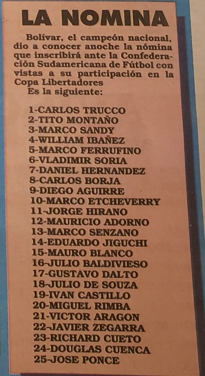 Nomina de Bolivar para la Copa Libertadores 1993