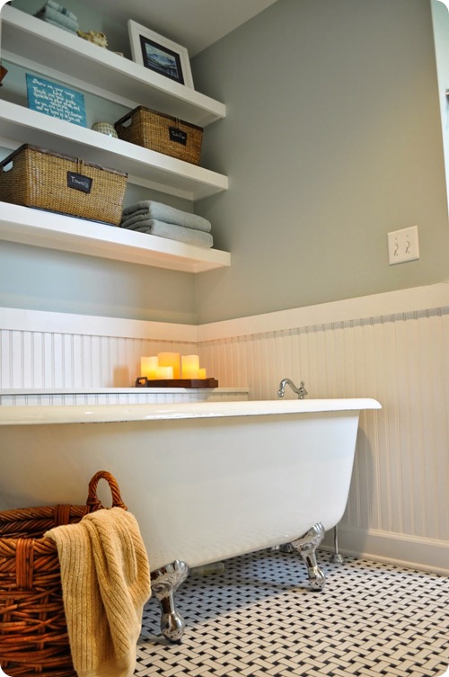 black and white tile beadboard bathroom