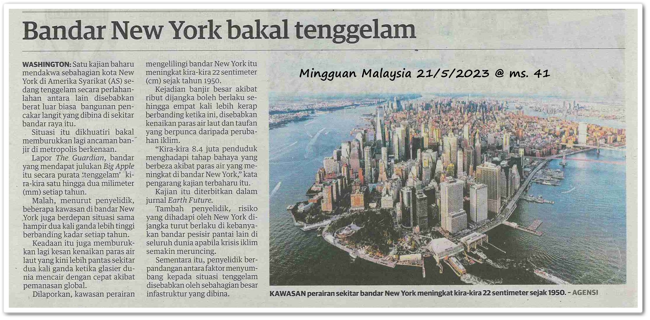 Bandar New York bakal tenggelam - Keratan akhbar Mingguan Malaysia 21 Mei 2023