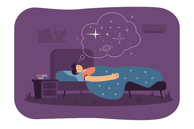 Cartoon man sleeping in purple room and dreaming