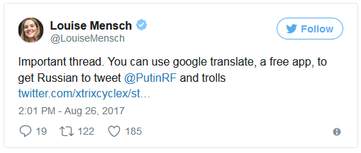 https://twitter.com/LouiseMensch/status/901444555177951232?ref_src=twsrc%5Etfw&ref_url=https%3A%2F%2Fwww.bloomberg.com%2Fview%2Farticles%2F2017-08-31%2Fplease-don-t-use-google-translate-against-russian-trolls