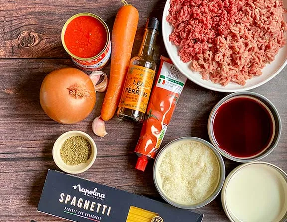 Ingredients for spaghetti bolognese.