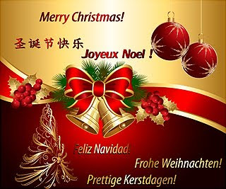 'Craciun fericit!' in mai multe limbi: Merry Christmas! (engleza), Joyeux Noel! (franceza), Feliz Navidad (spaniola), 圣诞节快乐 (chineza), Prettige Kerstdagen! (olandeza).