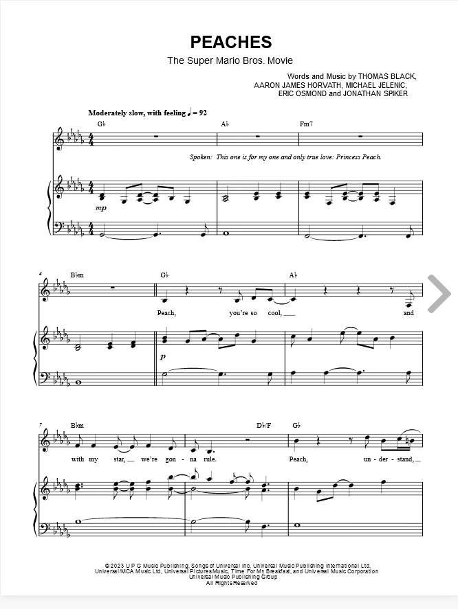 super mario bros. movie peaches sheet music