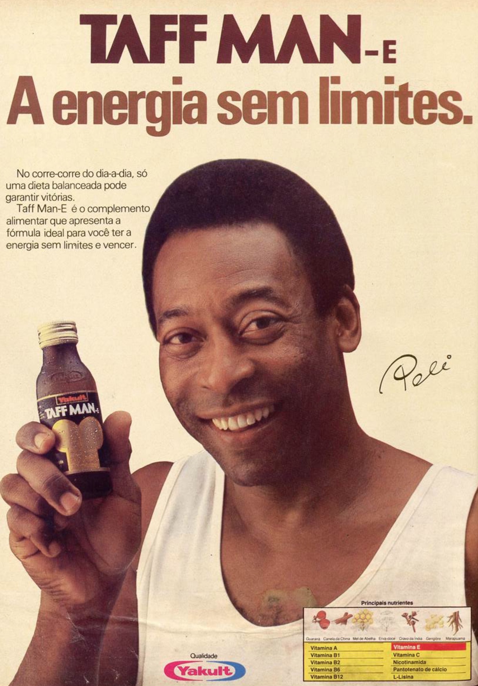 Campanha da Yakult promovendo o Taff Man-e com o Pelé no ano de 1988