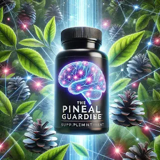 "A premium supplement bottle of The Pineal Guardian, placed amidst glowing brain graphics and natural elements, symbolizing enhanced cognitive function and wellness."
