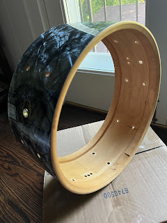 1950s Slingerland solid maple snare shell, oblique view
