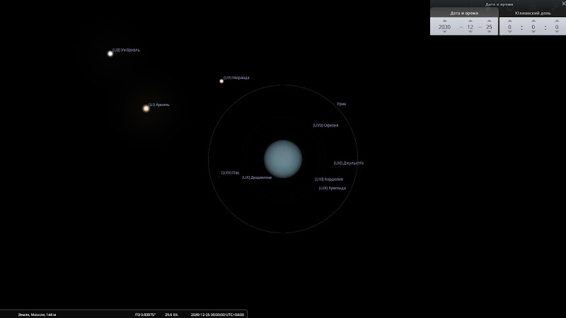 Вид Урана с его кольцами в декабре 2030 года по прогнозам программы Stellarium. Программа традиционно изображает кольца Урана очень условным образом