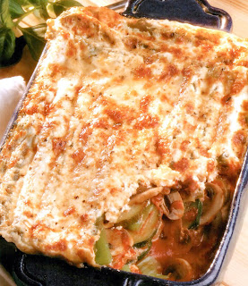 Cheat's lasagne. Classic layered vegetarian lasagne intended to be cooked in less than 50 minutes.