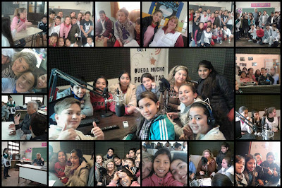 Collage sobre imágenes de los alumnos y maestros en la visita a la radio.