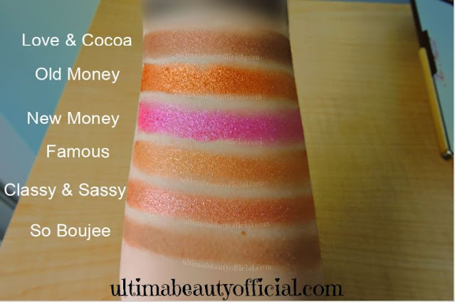 Swatches of next six eyeshadow shades from Too Faced Chocolate Gold Palette on Ultima Beauty's arm. Captions read: "Love & Cocoa", "Old Money", "New Money", "Famous", "Classy & Sassy", "So Boujee"