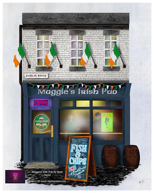 Maggie's Irish Pub Art Print by Mark Taylor, Irish pub with fish and chip food sign outside