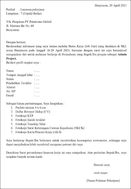 Contoh Surat Lamaran Kerja Untuk Admin Project (Fresh Graduate)