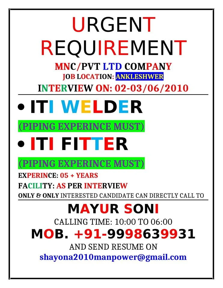 Urgent Requirement ITI Fitter, Welder, AOCP in Gujarat
