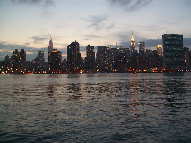 View of the Manhattan Skyline at dusk, from the East River