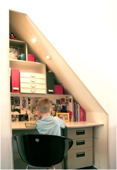 Office desks under the stairway. Small office designs