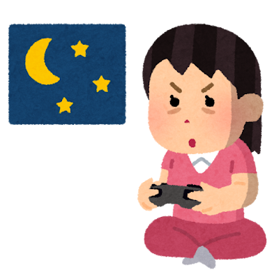 徹夜でゲームをする人のイラスト（女性）