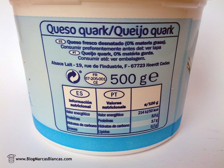 Información nutricional del queso quark desnatado Linessa de Lidl.