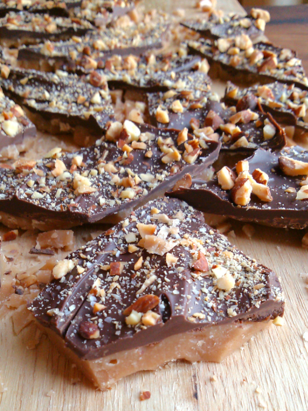 Salted Almond Chocolate Covered Toffee - An easy, no-fail English toffee recipe topped with chocolate, almonds and coarse-grain salt.
