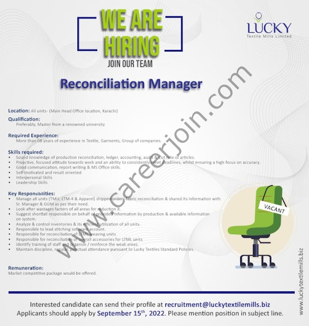 Latest Jobs in Lucky Textile Mills Limited Jobs 2022