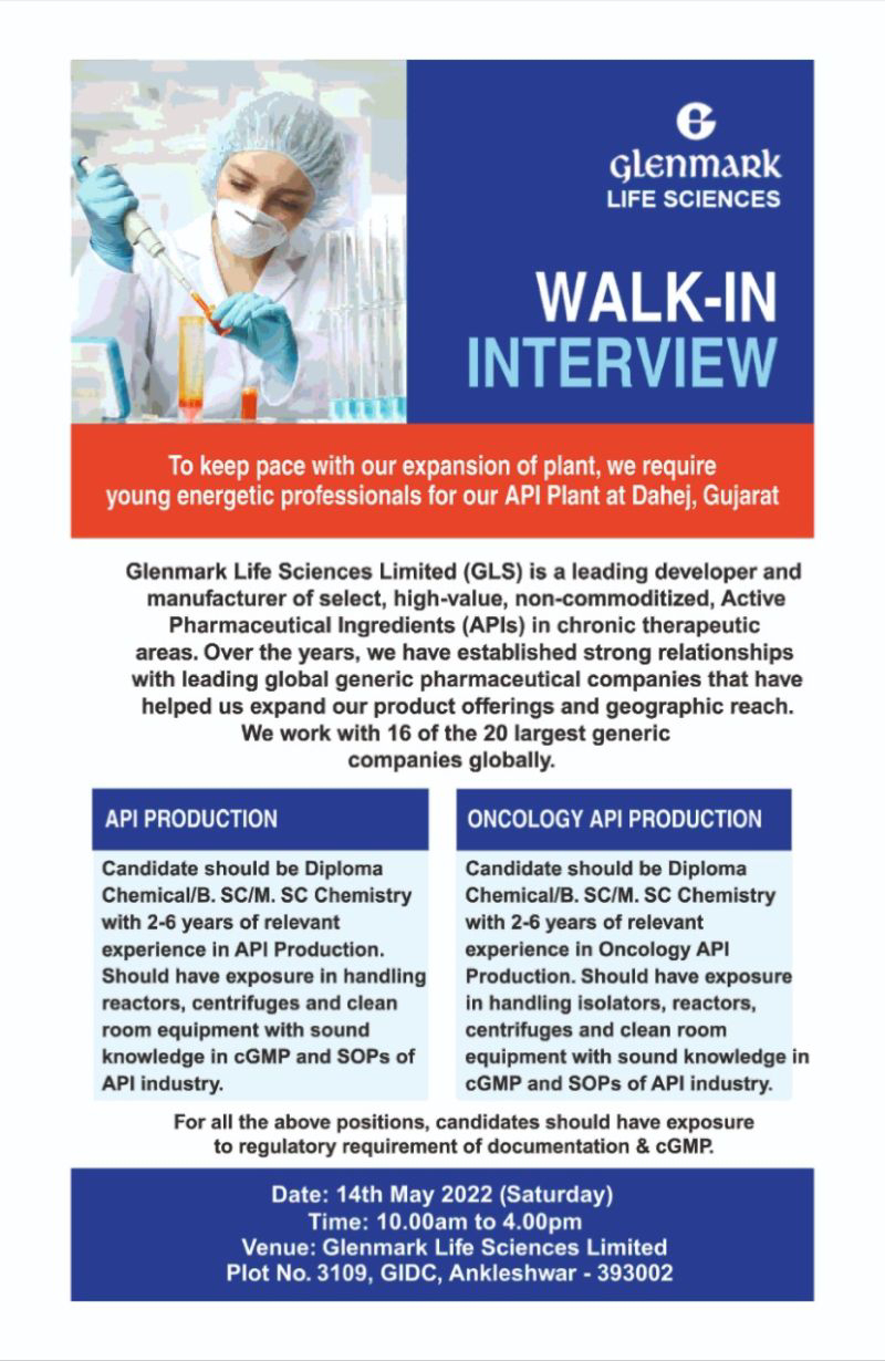 Job Availables,Glenmark Life Sciences Ltd  Walk-In-Interview For BSc/ MSc/ Diploma Chemical