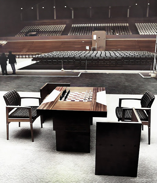 The chess table and chairs, which are to be used by Bobby Fischer and Boris Spassky for the international chess crown, sit empty in the vast Laugardalsholl Hall on Tuesday, July 04, 1972 in Reykjavik, Iceland.