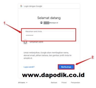 Masukan email akun pembelajaran