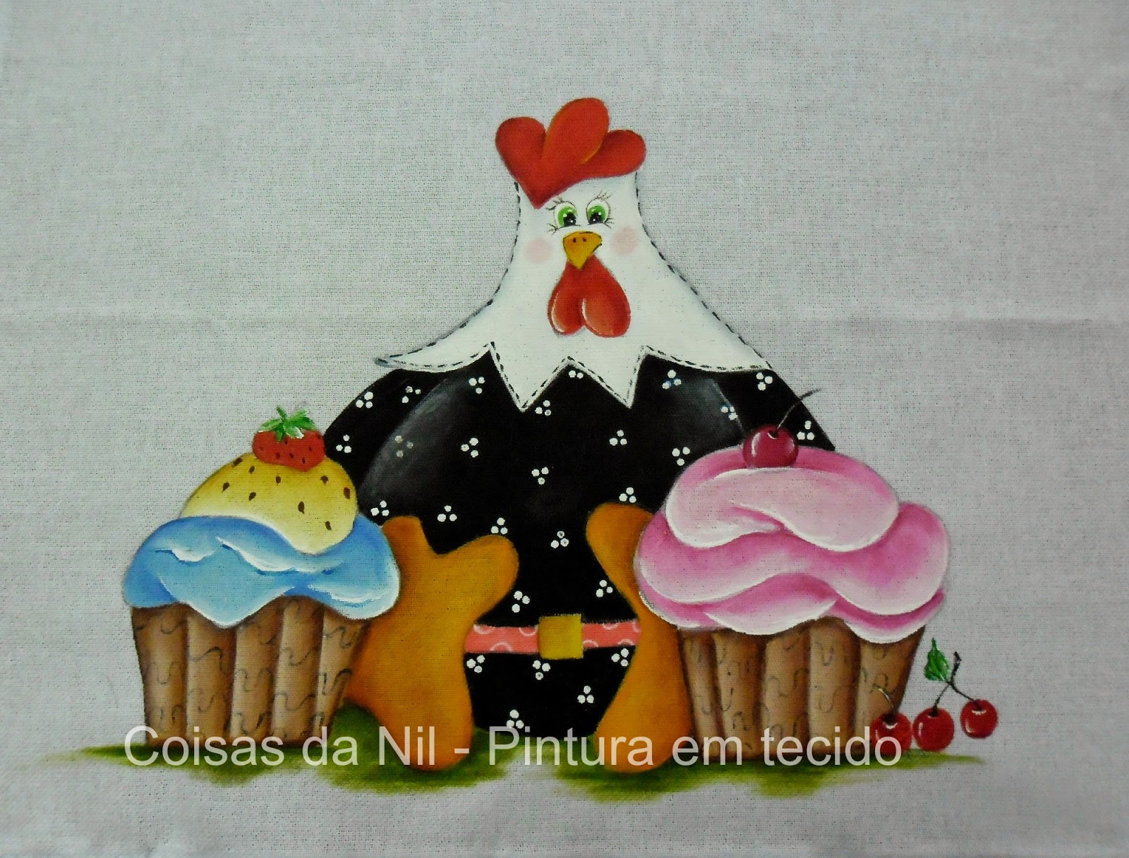 pintura em tecido de galinha dangola estilizada com cupcakes