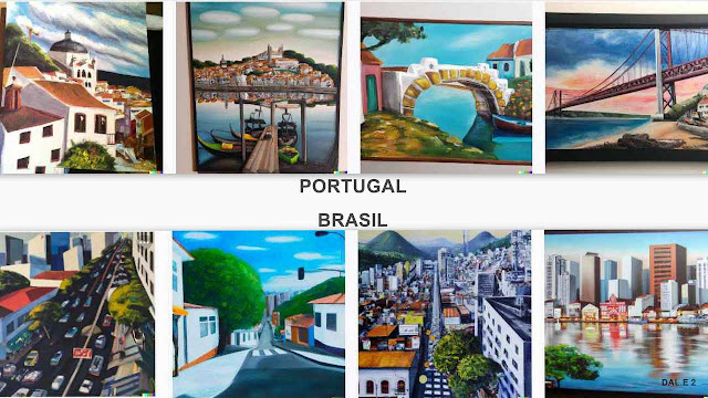 Imagens de pinturas em acrílico de Portugal e do Brasil.