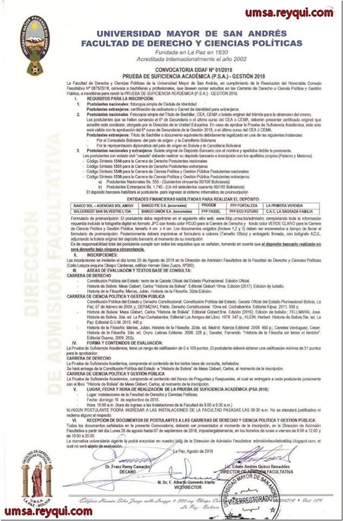 UMSA 2018: Convocatoria para la Prueba de Suficiencia Académica de la Facultad de Derecho y Ciencias Políticas