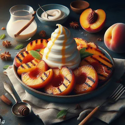 Auf dem Bild ist ein Teller mit gegrillten Pfirsichhälften zu sehen. Sie rundum angerichtet und in der Mitte ist eine große Portion Vanilleeis mit karamellisierten Sauce.