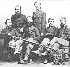 Officers of the 111th - Standing, B. S. Southworth and Col. I. R. Sherwood   Seated - J. W. Mock, Capt. Wm. Beal, George W. Berry, Jerry Bowling