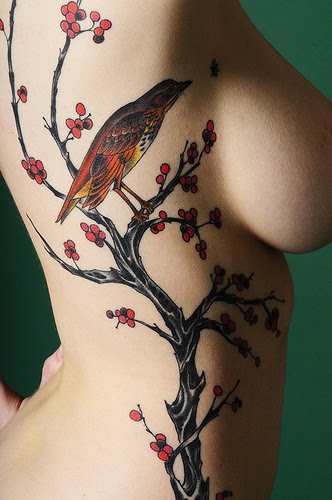 This is a very sexy rib tattoo of a bird on a cherry tree