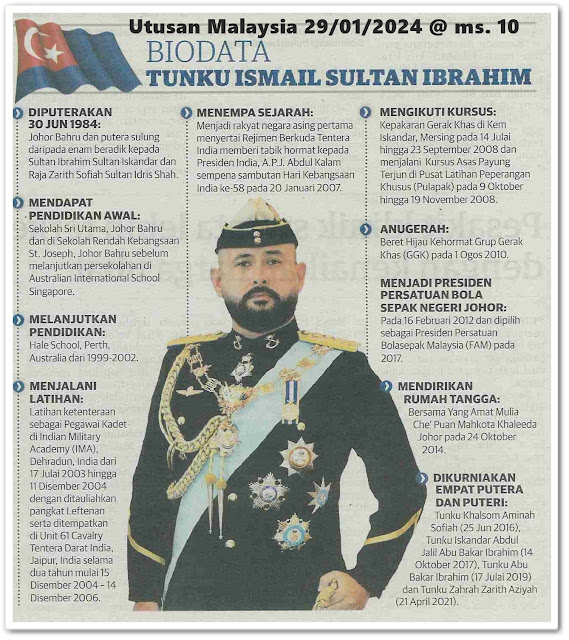 Tunku Ismail dilantik Pemangku Sultan Johor | Keratan akhbar Utusan Malaysia 29 Januari 2024