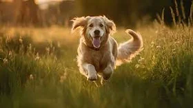 a golden retriever running through grass