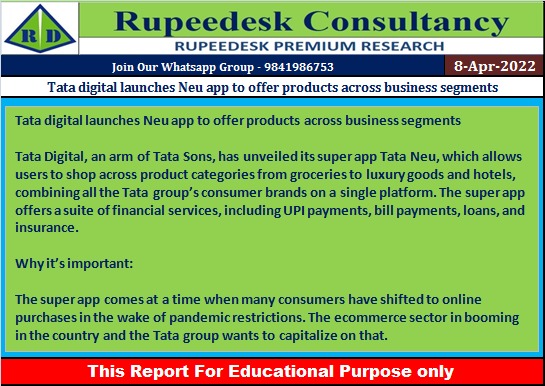 Tata digital launches Neu app to offer products across business segments - Rupeedesk Reports - 08.04.2022