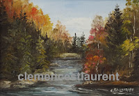 Northern Ontario, 5 x 7 oil painting by Clemence St. Laurent - river flowing in the middle of a forest in the fall