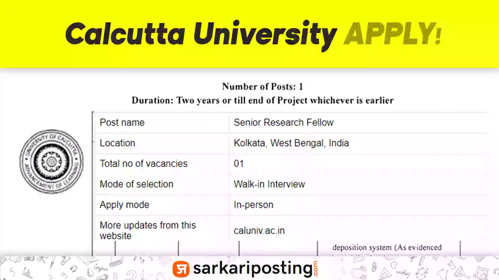 Calcutta University Senior Research Fellow Recruitment