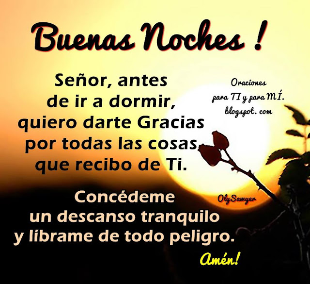 Señor, antes de ir a dormir, quiero darte Gracias por todas las cosas que recibo de Ti.  Concédeme un descanso tranquilo y líbrame de todo peligro.  Amén!