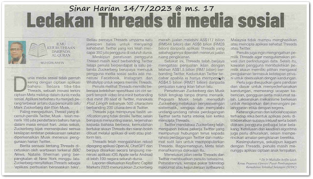 Ledakan Threads di media sosial - Keratan akhbar Sinar Harian 14 Julai 2023